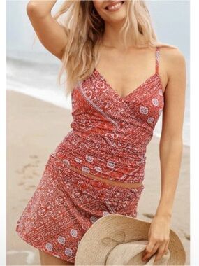 Red Ruched Bandana Print Tankini Top and Skort Swim Set - Size: Large